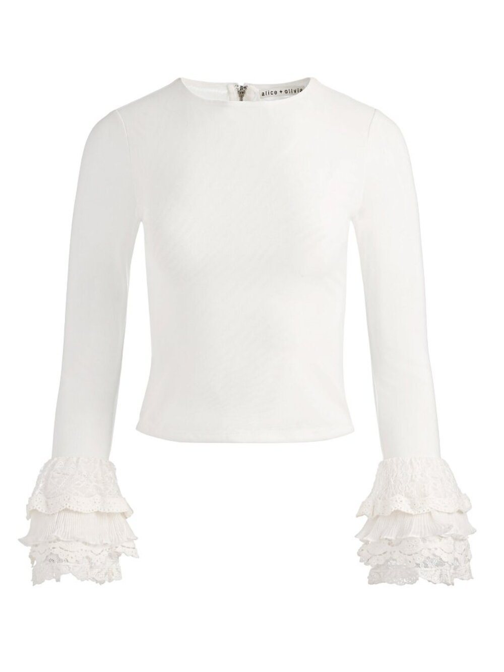 NWT ALICE + OLIVIA Delaina Mesh Ruffle Cuff Crop Top Off White XS